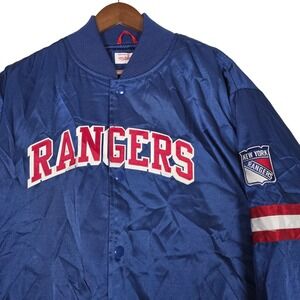 Mitchell Ness New York Rangers Satin Varsity Bomber Jacket Mens Size Large Royal
